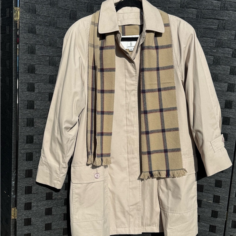 London Fog Light Tan Trench Coat with Plaid Scarf